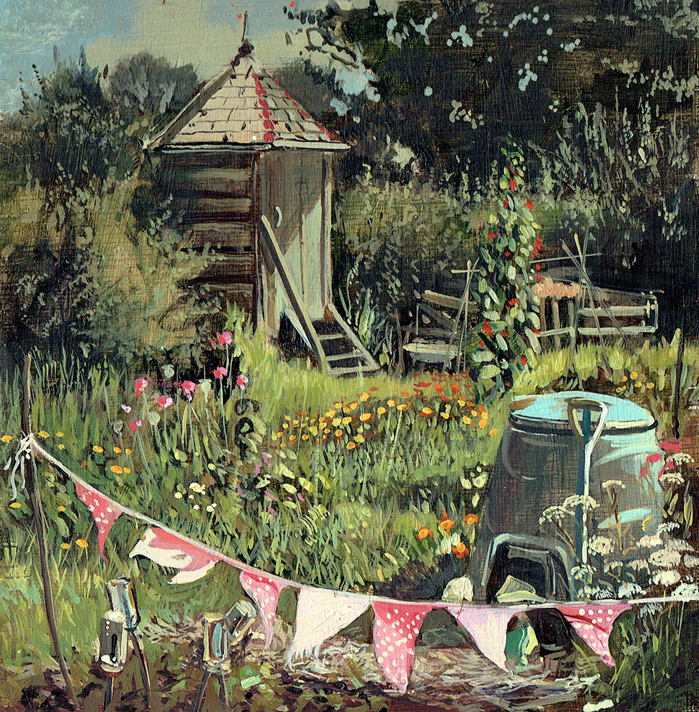 liams_art's tweet photo. A painting of the #allotments in the village of #Pilton in #Somerset. Those flags were fun to paint. This is available to buy. See a link in the comments below. @allotmentonline @AllotmentYear @growyourown1971 https://t.co/SVLbTpFUWc
