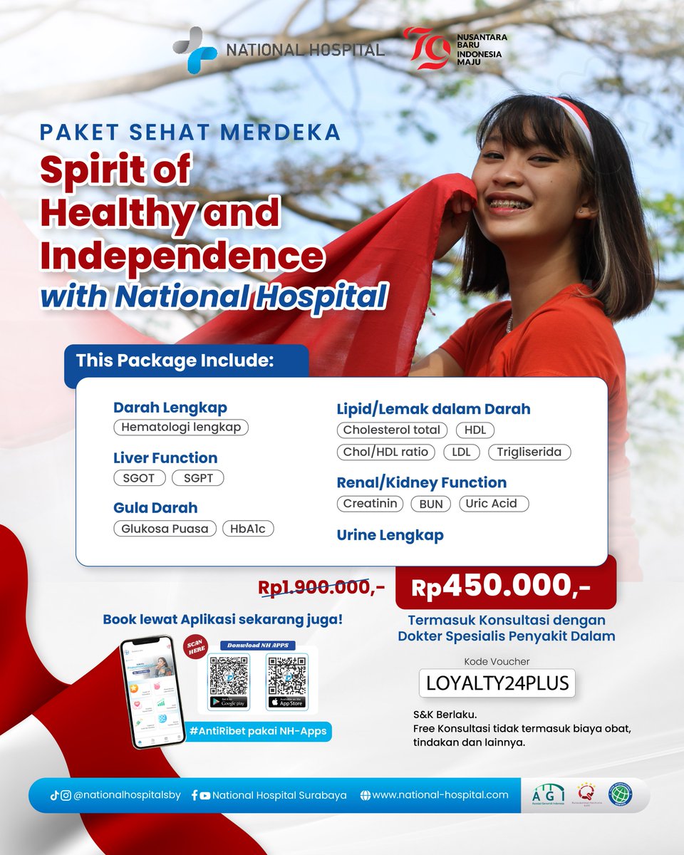 Merdeka dari serangan diabetes, penyakit liver, merdeka dari kolesterol dan gangguan ginjal.
Penawaran menarik ini berlaku hingga akhir Agustus 2024! Pemesanan wajib melalui National Hospital Apps dengan reedem kode voucher: LOYALTY24PLUS. 
#NationalHospital