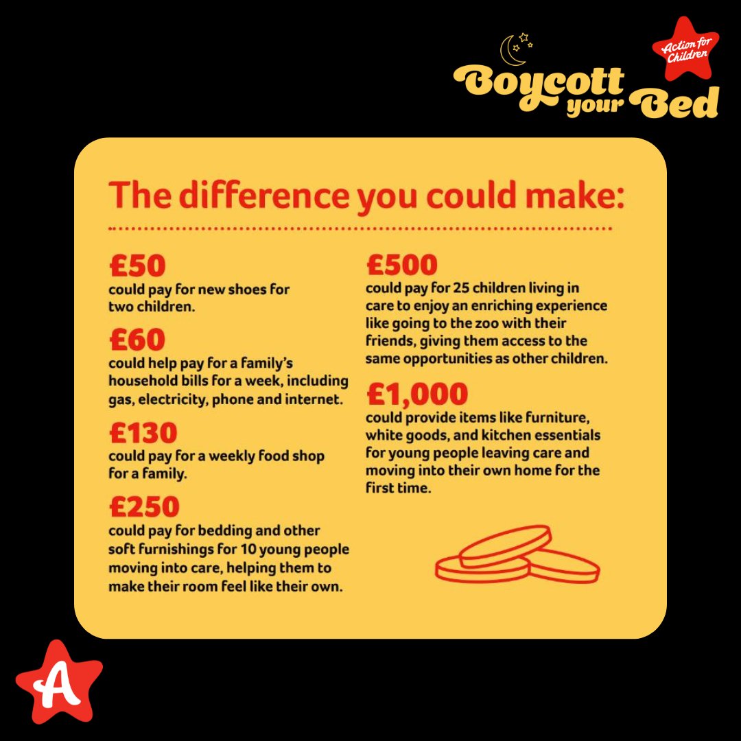 We’re a vital lifeline for vulnerable families – but we can’t do it without you.

Sign up now to #BoycottyourBed on Friday 4 October to help more children have a safe and happy childhood actionforchildren.uk/byb24 📲