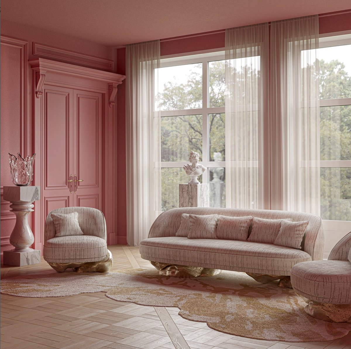 Transform your living room with luxurious blush pink hues, sculptural gold-base seating, and elegant mouldings. Our modern yet timeless armchair brings a touch of glamour and sophistication to your home. Perfect for those who love high-end interiors.
#interiordesign #luxuryhomes
