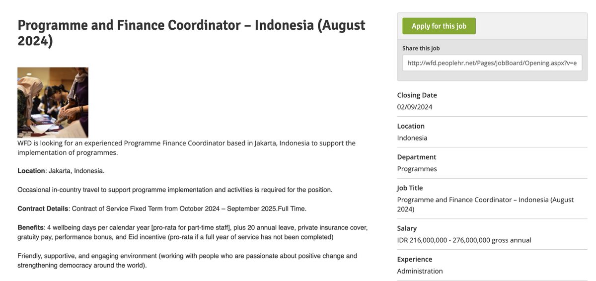 We're looking for a Programme &amp; Finance Coordinator (salary band: 18–23 million gross with benefits) to join our team in Jakarta. If you are a finance professional with experience in development programmes, read the job profile on wfd.org/careers and apply by 2 Sep 24!