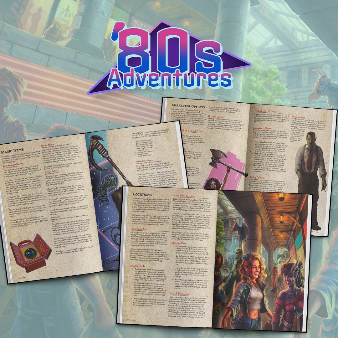 hyperstarter's tweet image. Dive into '80s Adventures, with a new 5E supplement! hprs.co/80s Packed with nostalgic thrills, new subclasses, and '80s-inspired magic items. #tabletopgaming #IndieGameDev #roleplayinggame