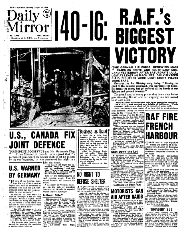 Front page of today's Daily Mirror headlining a great win in the sky for Britain against the Germans. #1940
