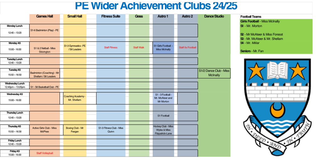 Attention all KHS Pupils🚨

Our PE Wider Achievement Timetable for 24/25 has arrived!🏆

All clubs start this week, please come along and remember to bring your PE kit!🎉

#activeschools  #EDHWB
