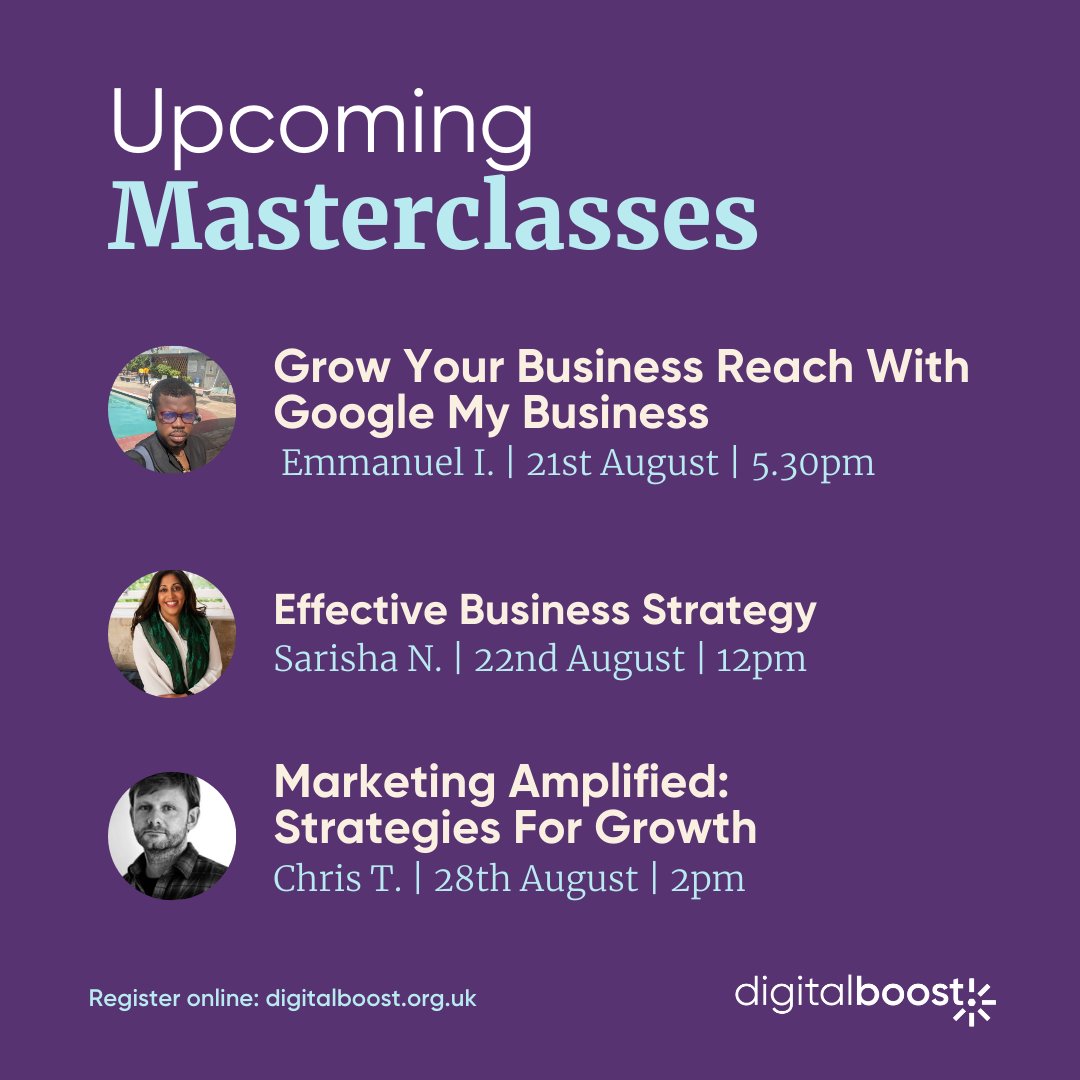 🌟 Ready to transform your small business? 🚀 Join our FREE masterclasses!

🔍 Grow Your Business Reach With Google My Business
📈 Effective Business Strategy
💡 Marketing Amplified - Strategies For Growth

Register for free here: eu1.hubs.ly/H0bzPsx0

#DigitalBoost