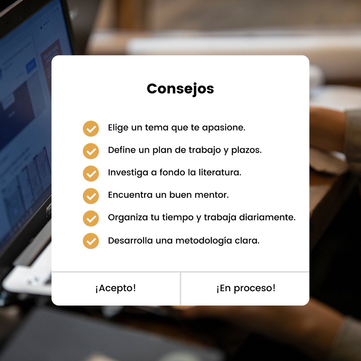 ucoidep's tweet photo. 📚 Consejos para tu Tesis Doctoral 📚

Elige un tema apasionante
Define un plan.
Investiga a fondo.
Encuentra un buen mentor.
Organiza tu tiempo.
Desarrolla una metodología clara.
Revisa regularmente.
Cuida tu salud.
Participa en la comunidad académica.
Revisa y perfecciona. https://t.co/6L6zRRZqAl