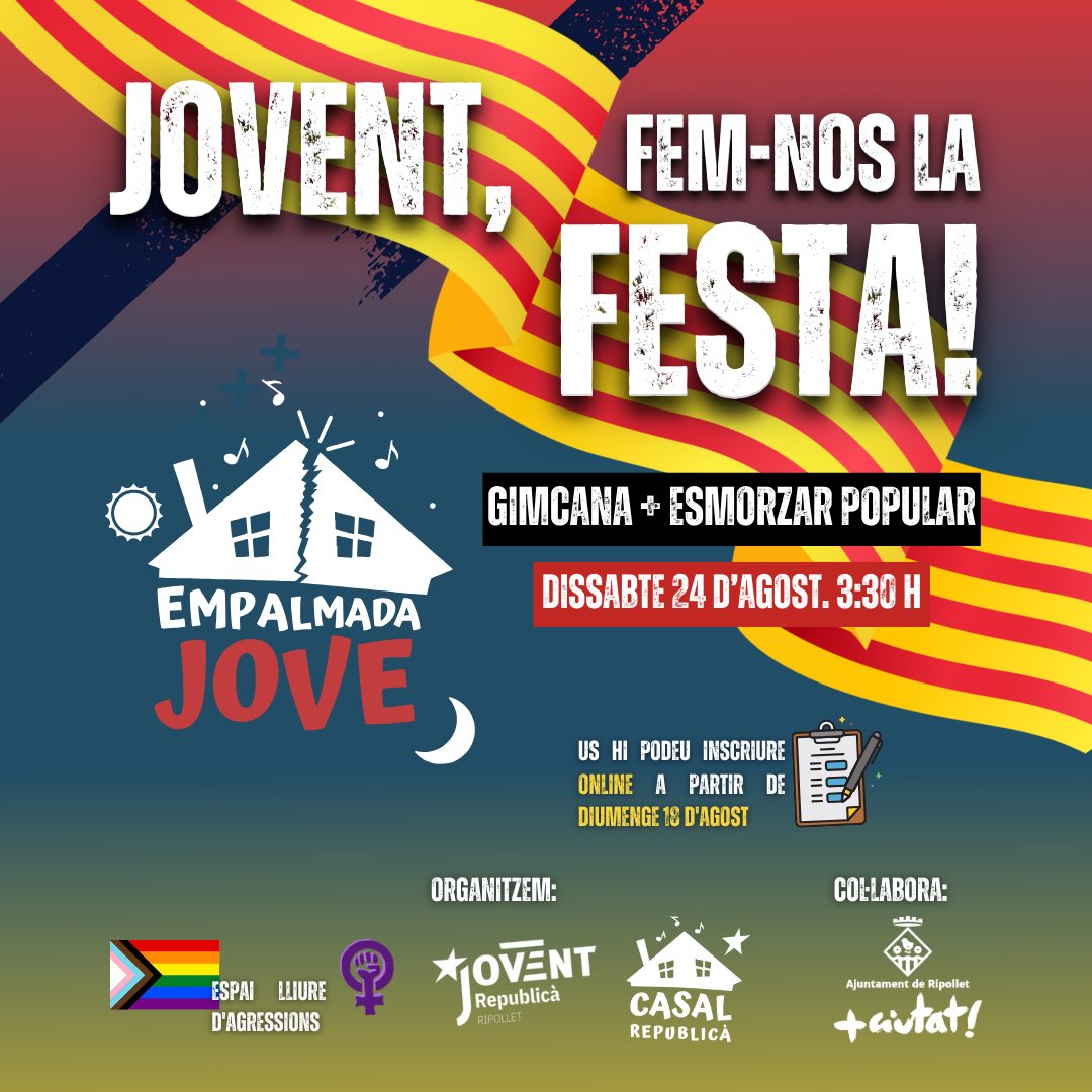 ❤️‍🔥TORNA L’EMPALMADA JOVE❤️‍🔥

🥳 Aquesta #FMRipollet ens retrobem amb noves proves, mateix espai i l’essència de sempre: ser un espai segur i reivindicatiu fet pel jovent i per al jovent de #Ripo!

⚠️ Inscripcions a la bio!

#Ripollet #FMRipollet2024 #EmpalmadaJove