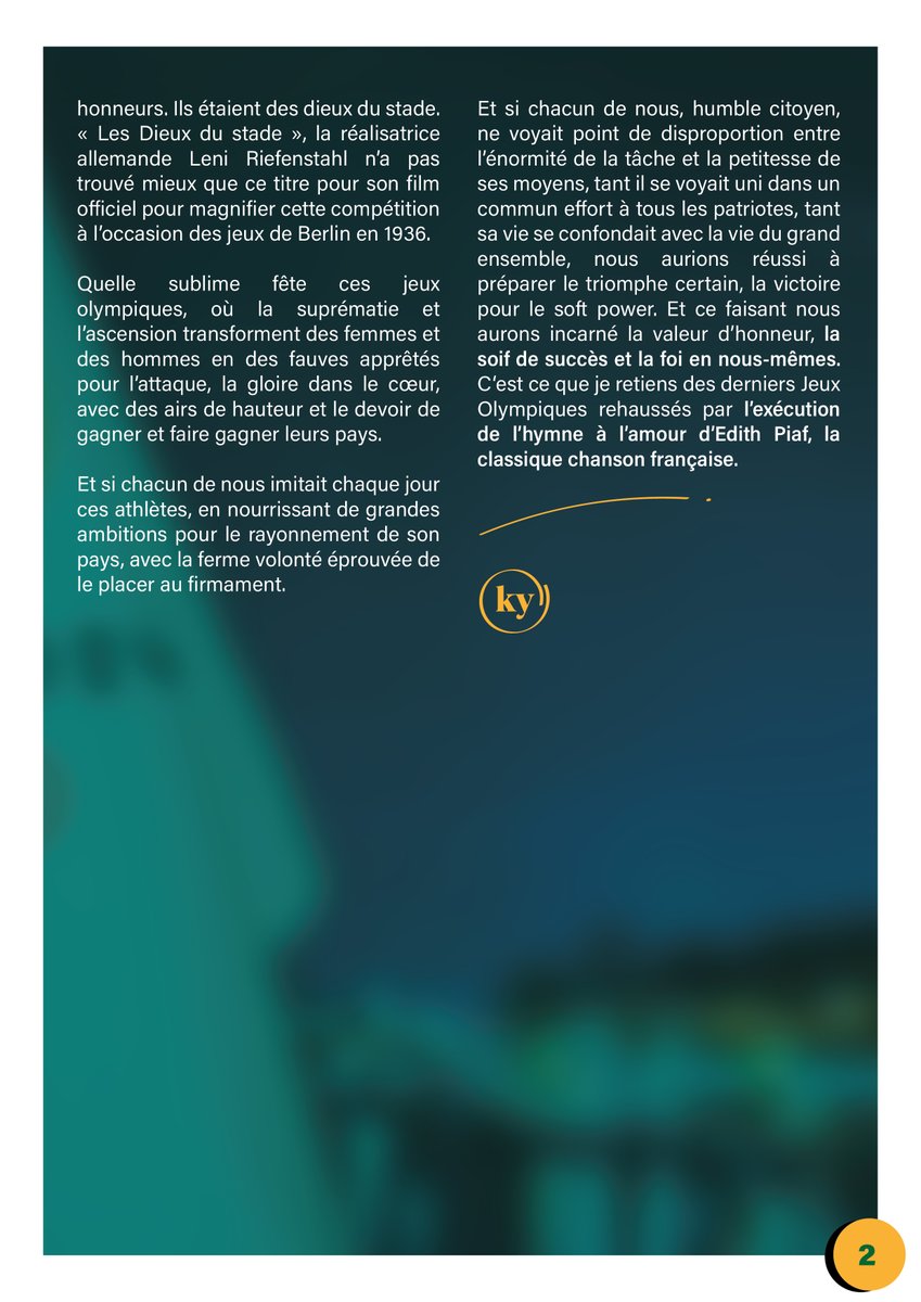 Valeurs d’honneur
Les lumières se sont éteintes depuis dimanche 11 août 2024 sur les derniers jeux olympiques à Paris. Dans quatre ans, la ville de Los Angeles, prendra le relai pour nous proposer sa copie en termes d’organisation, d’innovation et d’invention.