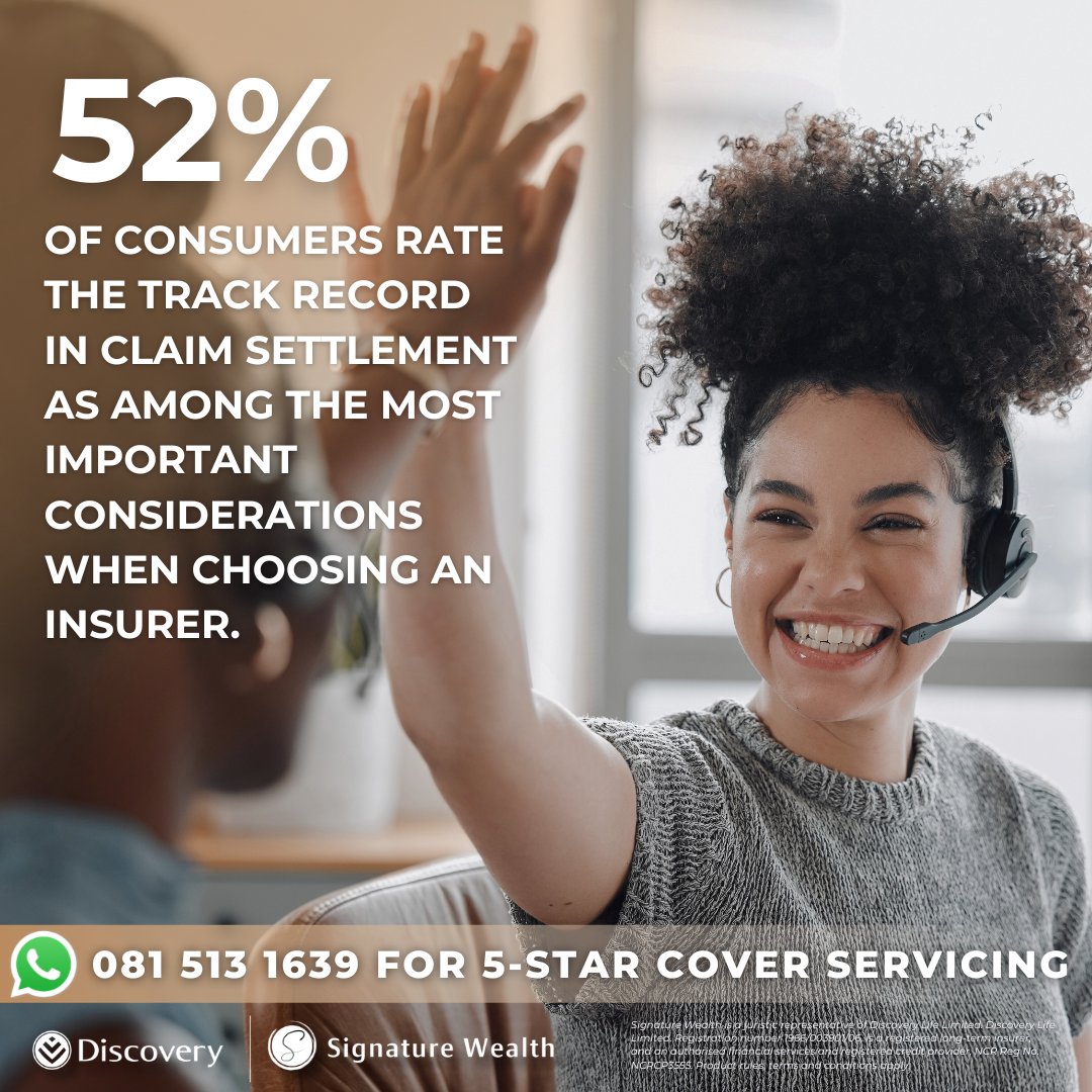 SignatureWZA's tweet photo. 52% of consumers value claim settlement track records when choosing an insurer. Get 5-star cover servicing with Signature Wealth! WhatsApp us at 081 513 1639. #SignatureWealth #WeDoMore #ClientService #Insurance https://t.co/kvKQ9pWdWV