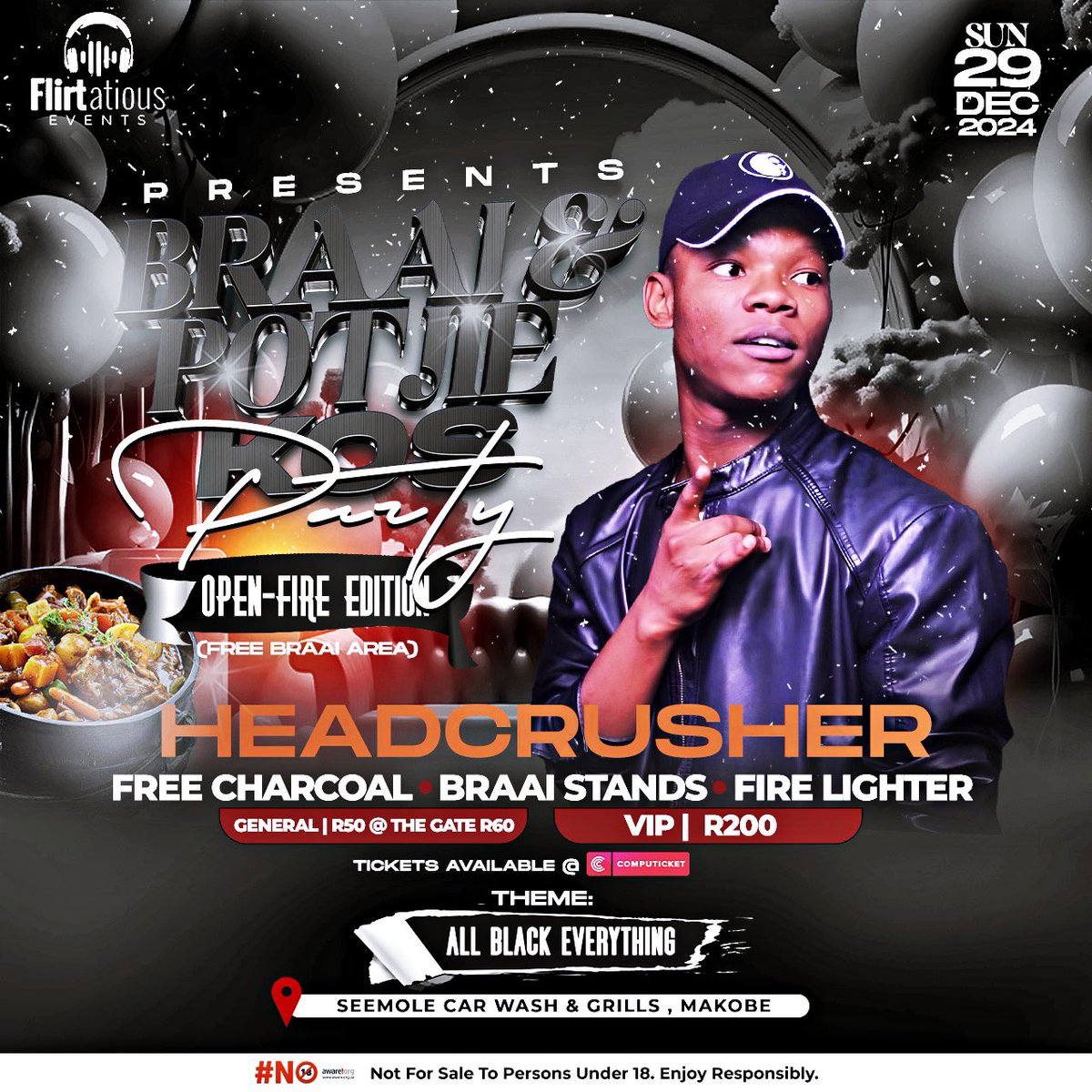 This is one of the Best DJs To ever Come out of Limpopo 

Known For His Mixing &amp; Selection Skills 

Ladies &amp; Gentlemen 

🔥Headcrusher 🔥

Sunday 29 December | Braai &amp; Potjiekos Party