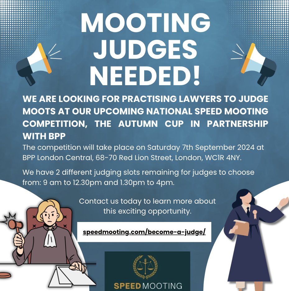 If you are available to judge at this competition, or if you would like further information, please get in touch via our website :

speedmooting.com/become-a-judge/

Or you email you can email us at: 

info@speedmooting.com. 

We look forward to hearing from you!

#law #mooting #judges