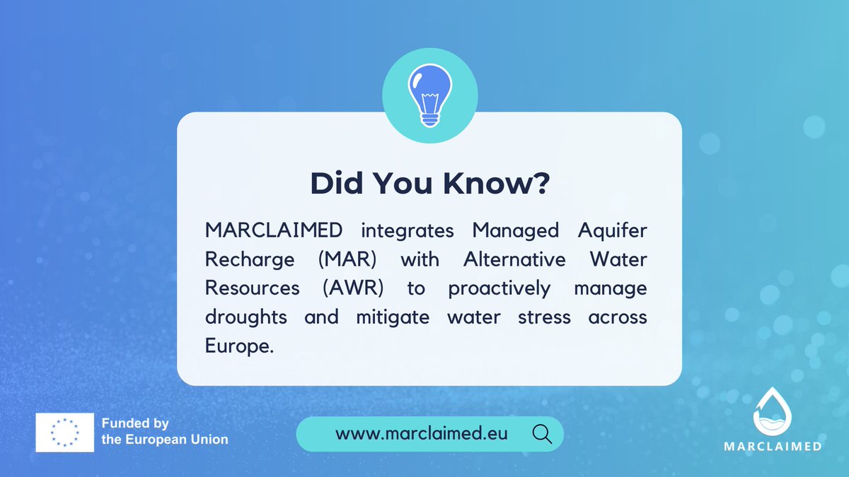 🙋‍♀️How much do you know about <a href="/marclaimed/">MARCLAIMED 🇪🇺</a> ?

🇪🇺Funded by the #EU, this project focuses on integrating Managed Aquifer Recharge with Alternative Water Resources to tackle #water stress &amp; proactively manage #droughts.

🌍Visit our website: marclaimed.eu

#waterscarcity