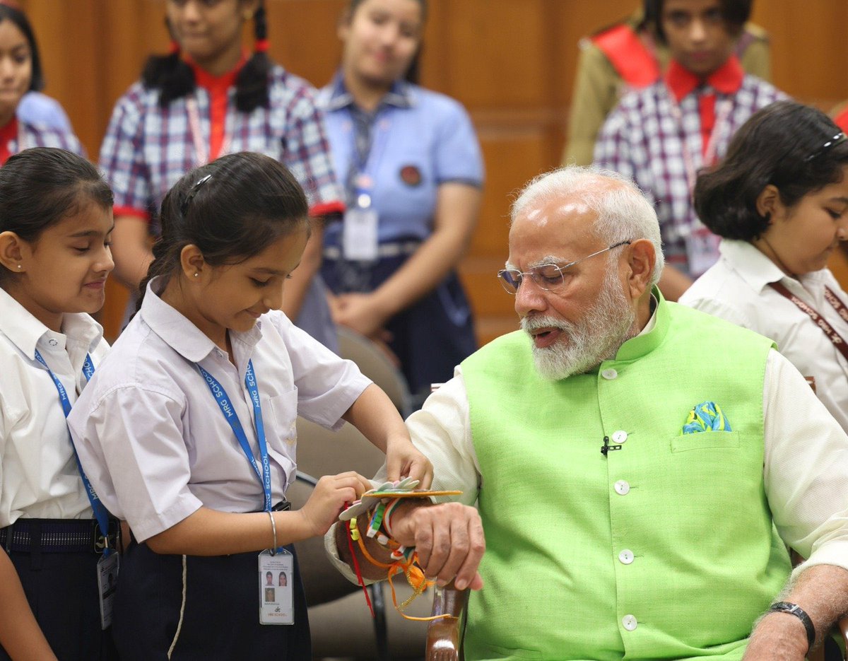 BJP4India's tweet photo. Glimpses from PM Modi’s Rakshabandhan celebrations… ⬇️ https://t.co/ukKZUoRqBu