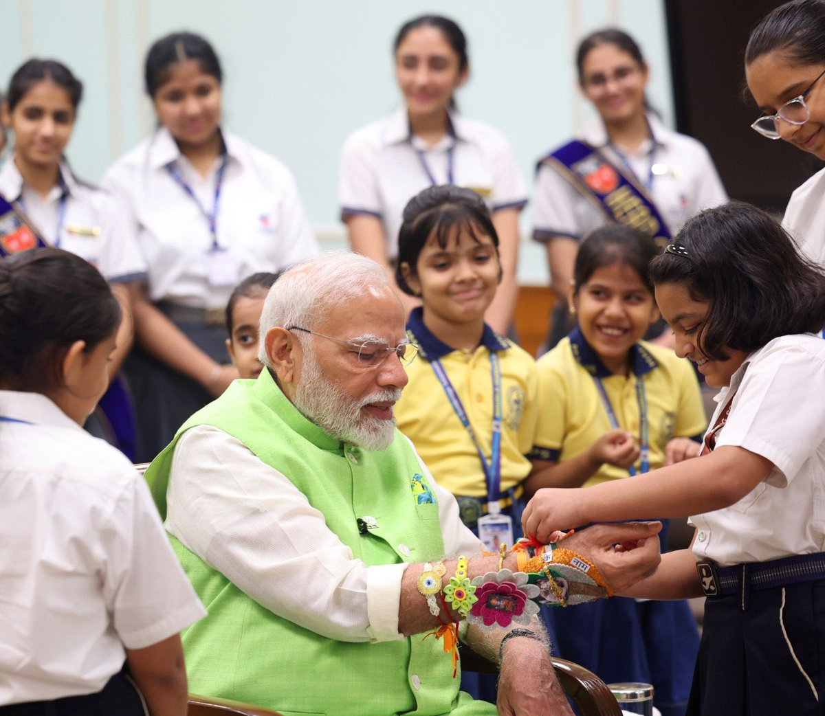 BJP4India's tweet photo. Glimpses from PM Modi’s Rakshabandhan celebrations… ⬇️ https://t.co/ukKZUoRqBu