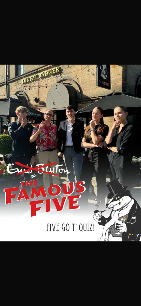 Tune in to <a href="/BBCYork/">BBC York</a> and all the #BBC #Yorkshire #Radio channels every day this week at 3.45pm as <a href="/fatbadgerpub/">Fat Badger</a> #Harrogate team take on the weekly #quiz challenge…..the hardest question of course….. which of our #FamousFive will come out victorious?!?! 🤔🦡🍺