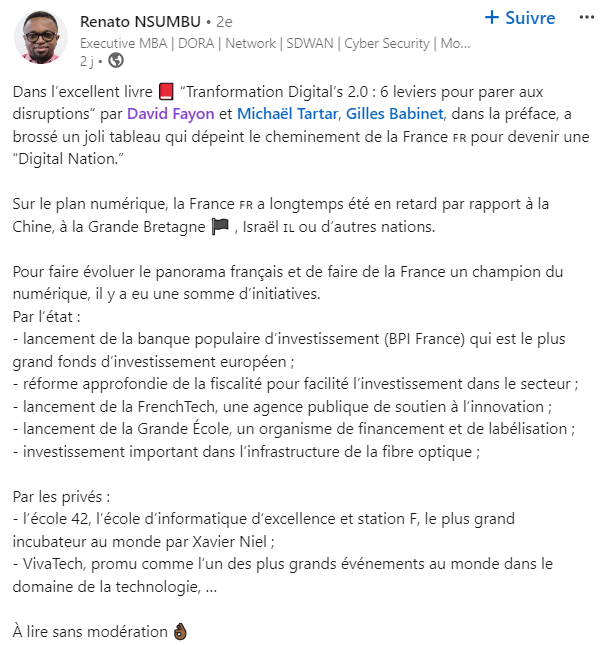 Renato Nsumbu a chroniqué Transformation digitale 2.0. Depuis, le dernier livre La #transformationdigitale pour tous ! apporte les apports du Covid et de la sobriété numérique en matière de #transfoNum + la présentation de la plateforme <a href="/dimmup_fr/">DIMM.UP</a> pour mettre en pratique #DIMM.
