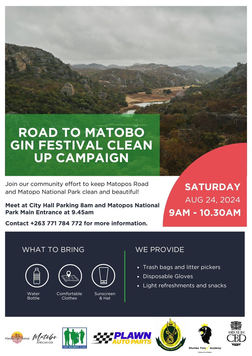 matoboginfestzw's tweet photo. Join us as we prepare Matobo National Park for the epic Gin Festival! π³ Let's clean up together on August 24th in partnership with @Zimparks. Help us keep our natural gem sparkling! π #MatoboCleanup #Volunteer #KeepItClean #MatoboGinFestival #ZimParksPartnership https://t.co/TIYpN8JLds