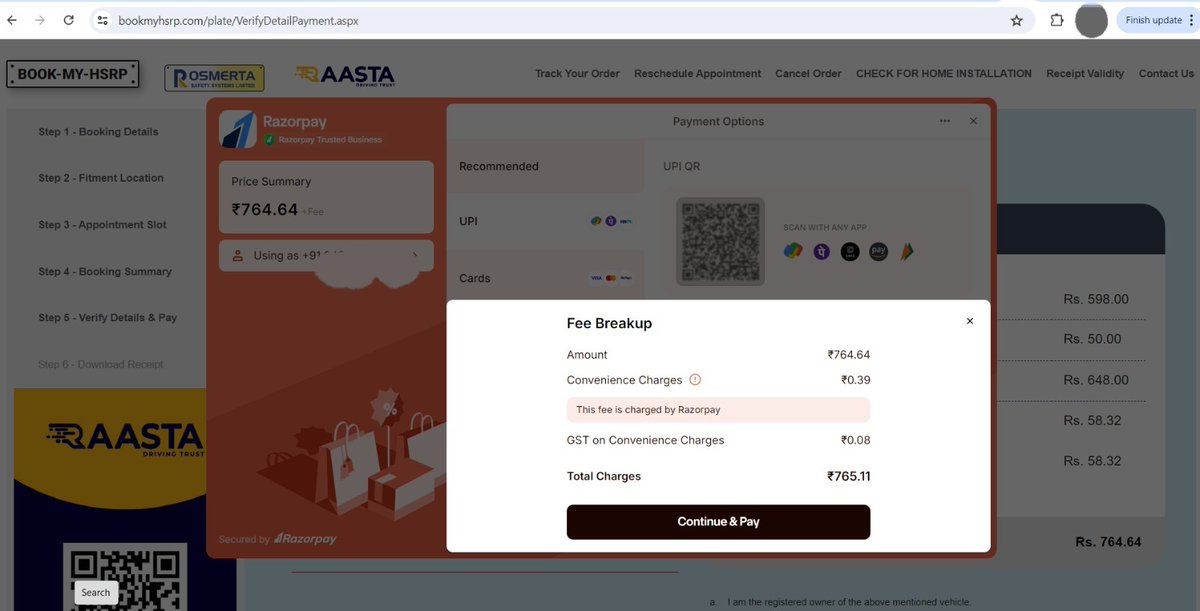 ZimmedrNagarika's tweet image. #HSRPscam
While booking HSRP plate, Convenience charge of ₹50 is paid, GST on whole amt is paid, then during payment Razorpay charges additional convenience charges and GST on even UPI payments which is free.
Can&apos;t Transport dept promote Govt Payment aggregators free of cost ?