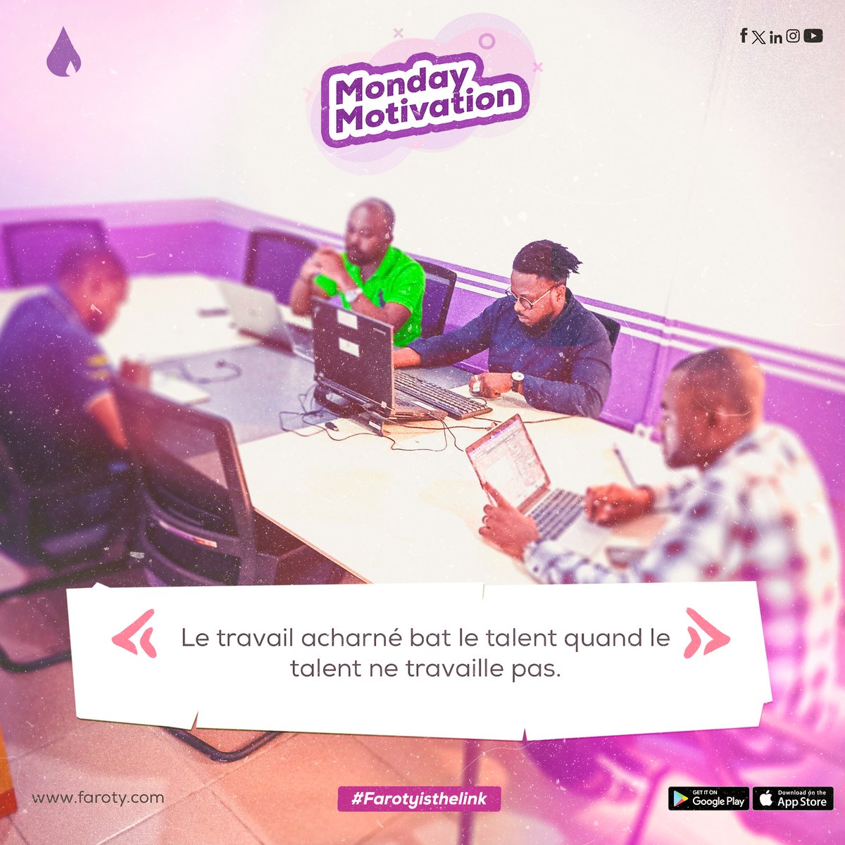 En ce début de semaine, rappelons-nous que la détermination et l'effort constant sont les véritables moteurs du succès. Le talent peut ouvrir des portes, mais c'est le travail acharné qui les garde ouvertes.

Que cette semaine soit marquée par une volonté inébranlable de réussir.