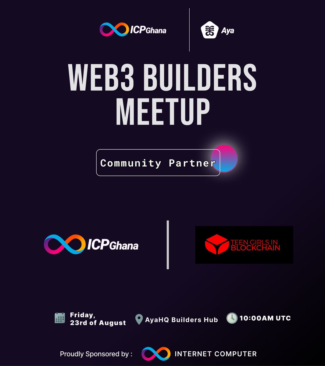 TEEN GIRLS IN BLOCKCHAIN (TGIB)™️ (@girlsblockchain) on Twitter photo We’re thrilled to announce to be joining the Web3 Builders Meetup as a Community Partner. Organized by @icp_Ghana and hosted at the innovative <a href="/ayahq_/">AyaHQ (Techstars '23)</a> Builders Hub.
this event is a prime opportunity to foster collaboration, spark new ideas, and empower the future of Web3. We’re thrilled to announce to be joining the Web3 Builders Meetup as a Community Partner. Organized by @icp_Ghana and hosted at the innovative <a href="/ayahq_/">AyaHQ (Techstars '23)</a> Builders Hub.
this event is a prime opportunity to foster collaboration, spark new ideas, and empower the future of Web3.