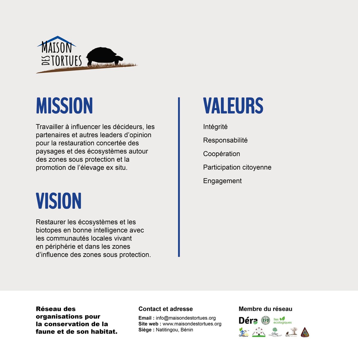 MaisondesTortue's tweet photo. La Maison des Tortues, est un réseau des organisations pour la conservation de la faune et de son habitat.
Quelle est notre mission ?
Quelle est notre Vision ?
Et quelle sont nos valeurs ?
#MaisondesTortues #MdT #exSitu #faune #conservation #biodiversité https://t.co/bU0bCBrMgy