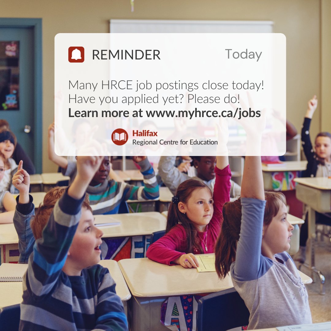 Reminder: Many HRCE job postings close today at noon. Don’t forget to apply! Learn more: myHRCE.ca/jobs