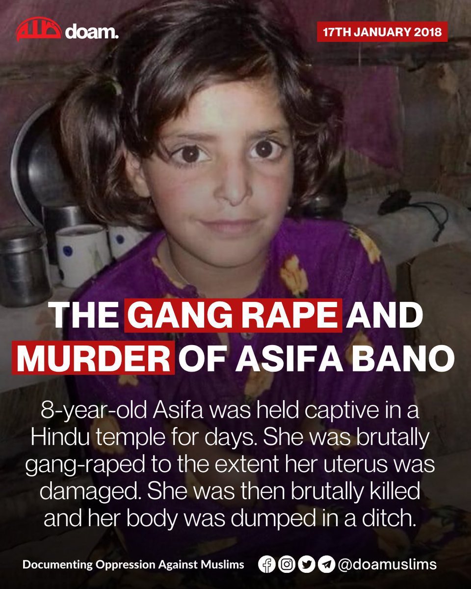 Don’t forget. 

Asifa Bano was gang raped by five men including the Hindu priest for 6 days,

This should haunt us all our lives.