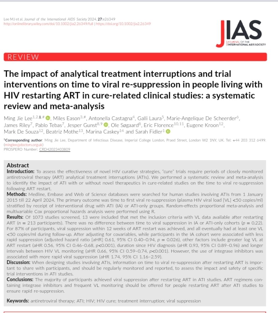 Ming Lee (@jnim87) on Twitter photo onlinelibrary.wiley.com/doi/epdf/10.10…
Pleased to see our meta-analysis of the impact of ATIs and trial interventions eg. #bNAbs, on time to viral resuppression after restarting ART in cure-related studies.
Shoutout to my student Miles Eason <a href="/ImperialMed/">Imperial Medicine</a>, who drove this work & data collection onlinelibrary.wiley.com/doi/epdf/10.10…
Pleased to see our meta-analysis of the impact of ATIs and trial interventions eg. #bNAbs, on time to viral resuppression after restarting ART in cure-related studies.
Shoutout to my student Miles Eason <a href="/ImperialMed/">Imperial Medicine</a>, who drove this work & data collection