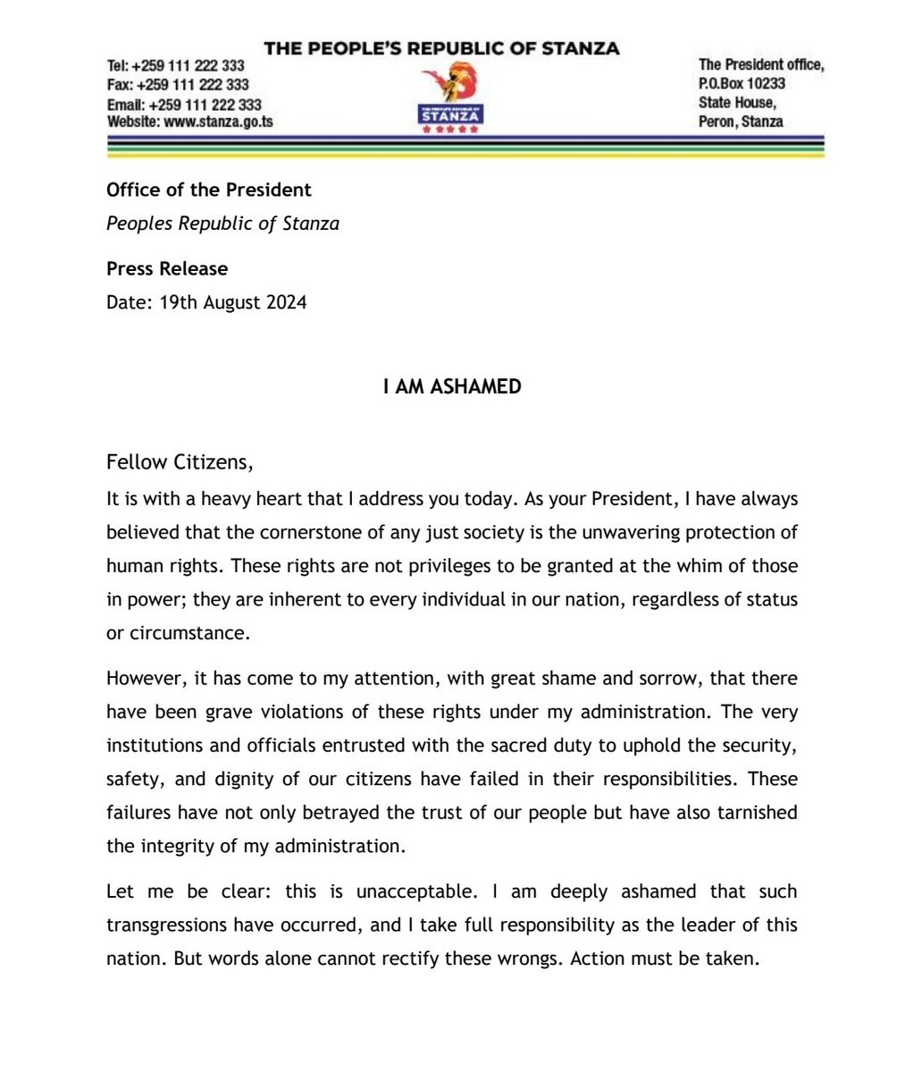 IkuluSTANZA's tweet image. 🏛️STATE HOUSE

📍Peron,Stanza

📢PRESS RELEASE

"I AM ASHAMED" Says President MAI.