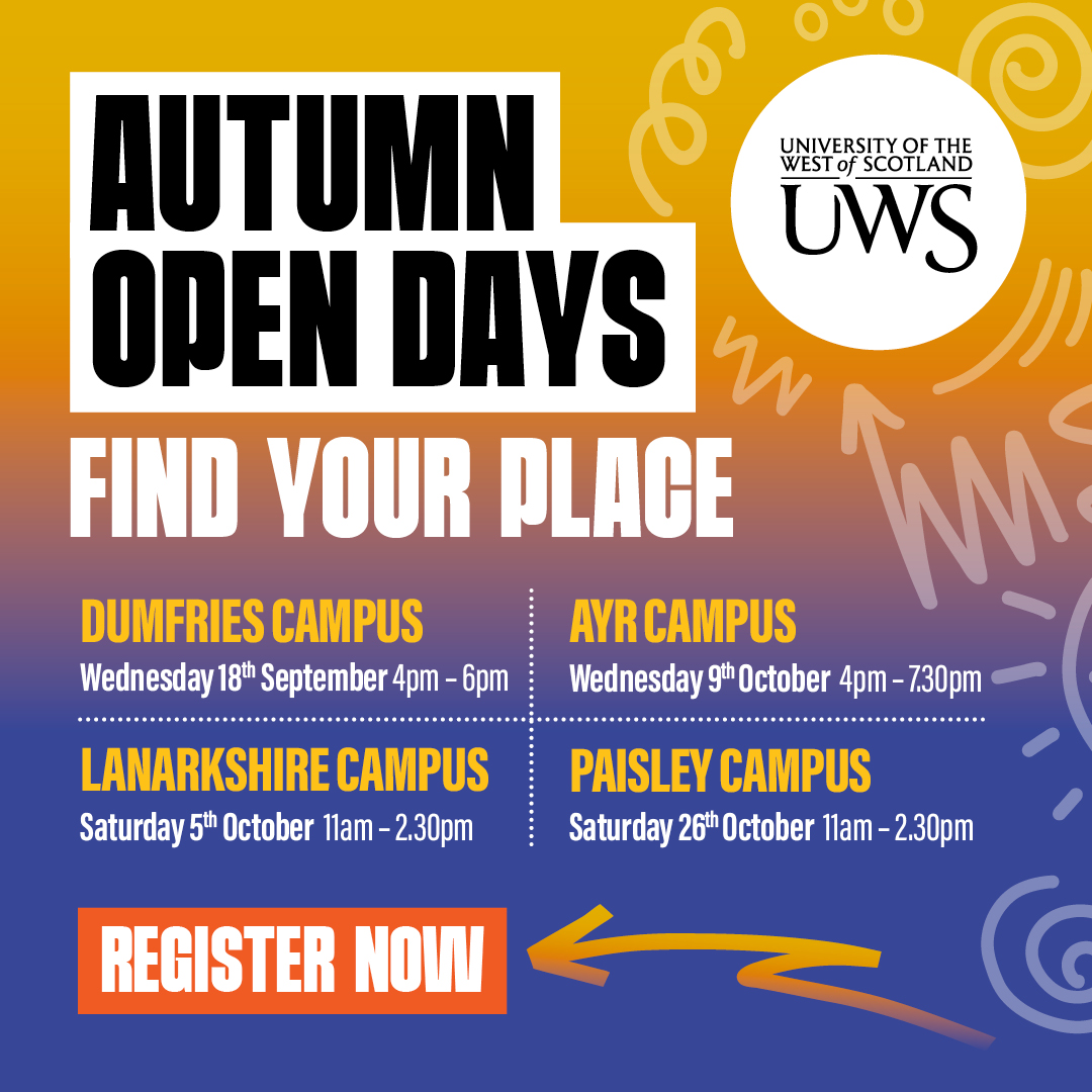 Your journey to UWS starts at our Autumn Open Days!

Explore our world-class facilities, tour our campuses, meet your future lecturers and chat to some of our current students.

Book now 👉 eventbrite.com/cc/uws-autumn-…