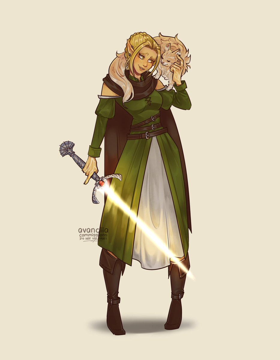 Commissioned artwork of Aurora Sagecrest in her summer eladrin form and her lil furry companion 🐈

#commissionart #characterart #dndart