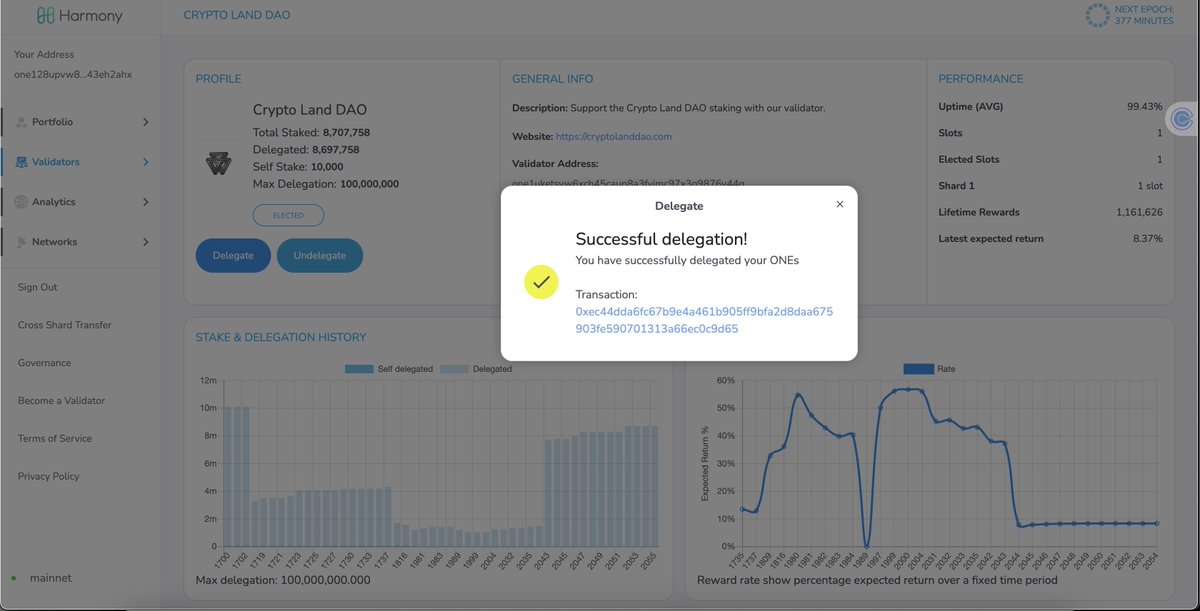 I just staked another 8k one with @Crypto_LandDAO validator. Goal wasto hit 50k in delegation by the end of the year up to 10 k now. Join in my journey on my goal to Reach #ONE  Million $ONE in delegation by the end of the year.  
#WAGE #ONE $BRX