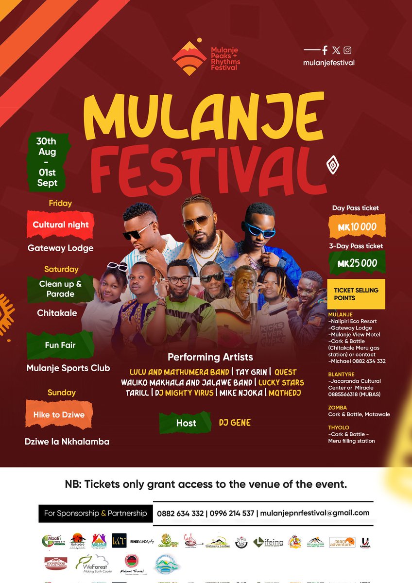 Mulanjefestival's tweet photo. 🌟 *The Mulanje Peaks and Rhythms Festival is Here!*🌟

We’ve brought together an incredible lineup of headlining acts that will light up Mulanje like never before! 🎶 From traditional vibes to modern beats, this is where culture meets rhythm!

🗓️ Mark your calendars https://t.co/J9prnljdRL