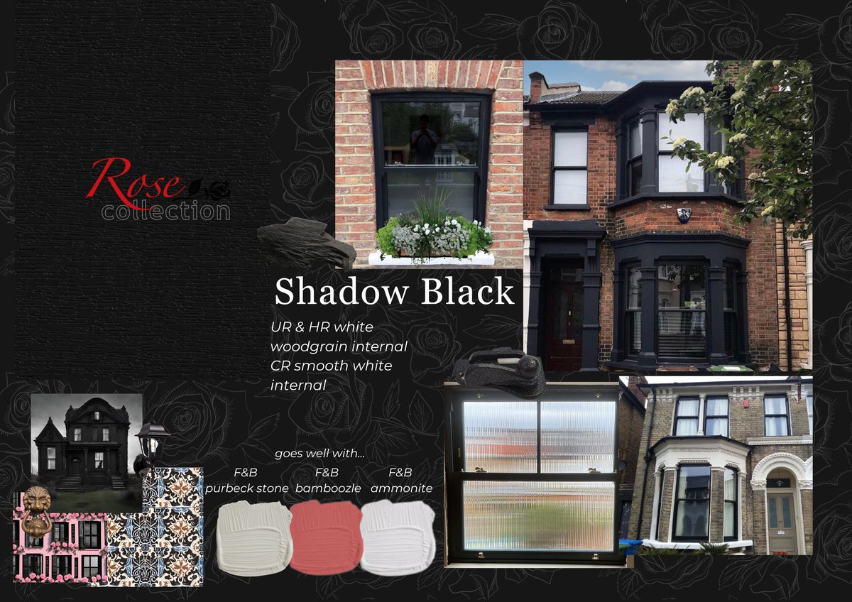 Shadow Black moodboard. 🌹
Available on Ultimate &amp; Heritage Rose white woodgrain internal, and Charisma Rose smooth white internal. 

Use our sash window visualiser to see what these would look like on your property 👉 bit.ly/2P329OS