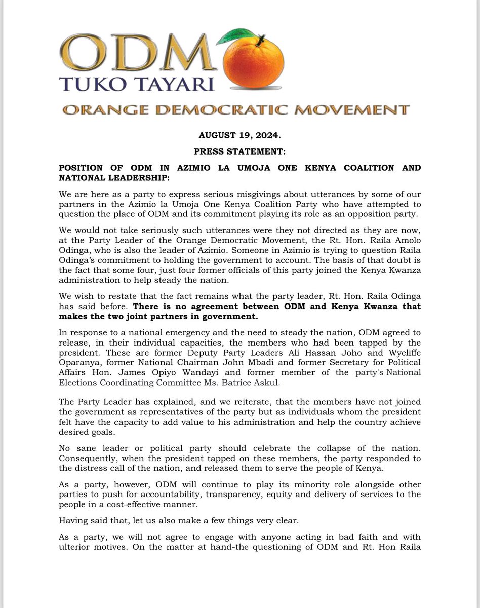 PopularStories_'s tweet photo. There is no agreement between ODM and Kenya Kwanza that makes the two joint partners in government.  
~ ODM https://t.co/AKcdOZ3uG5