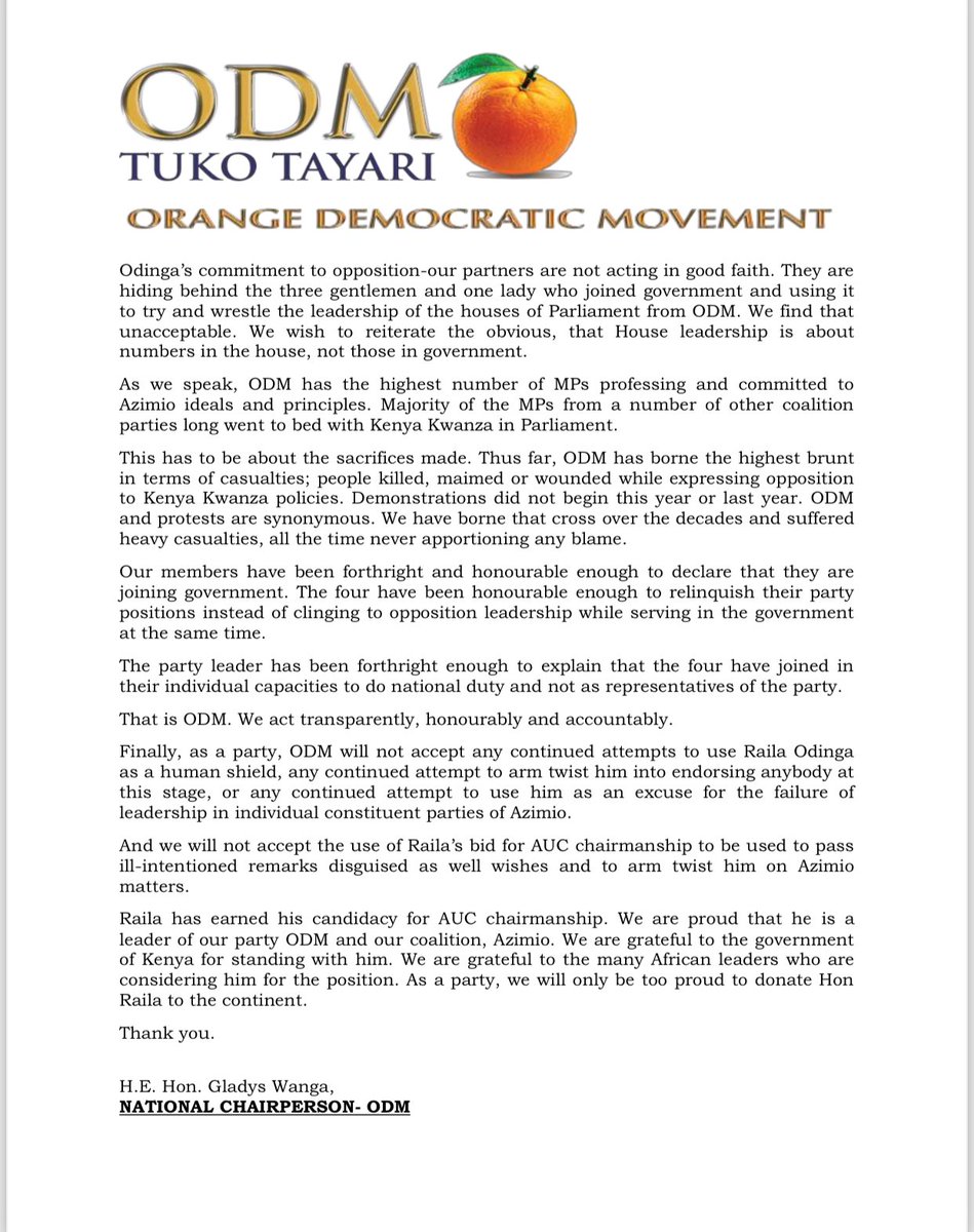 PopularStories_'s tweet photo. There is no agreement between ODM and Kenya Kwanza that makes the two joint partners in government.  
~ ODM https://t.co/AKcdOZ3uG5