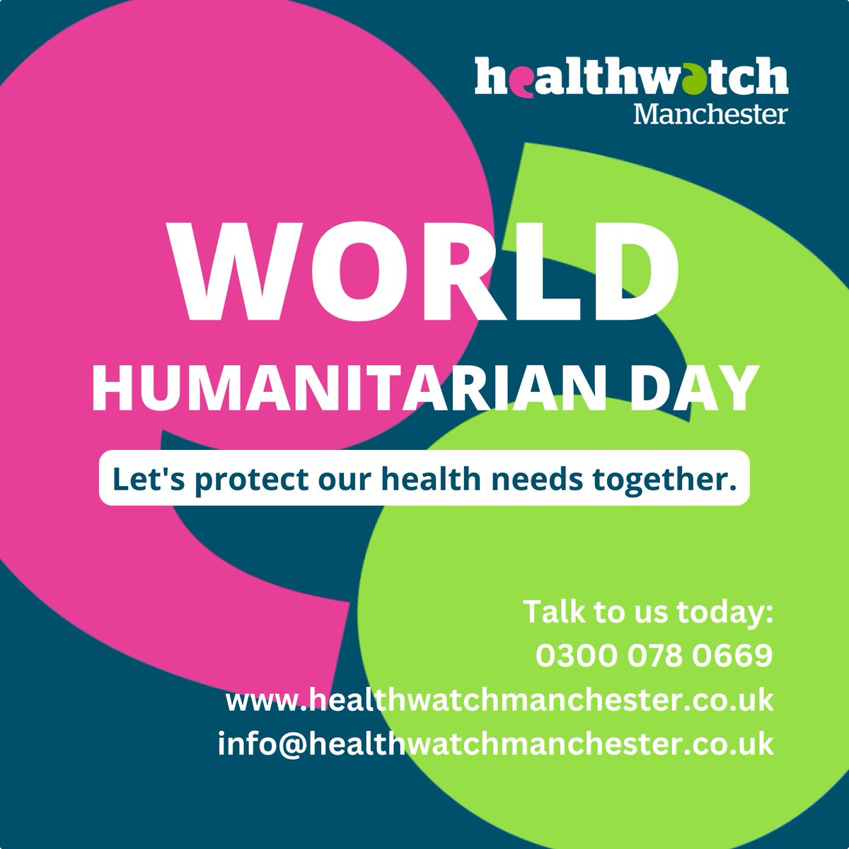 Access to health care and services is our basic #humanitarianneed. At #HealthwatchManchester, we're committed to listening to your concerns and working  to improve your experience of health and social care. 
Get in touch with us: 
Tel: 0300 078 0669
#actforhumanity