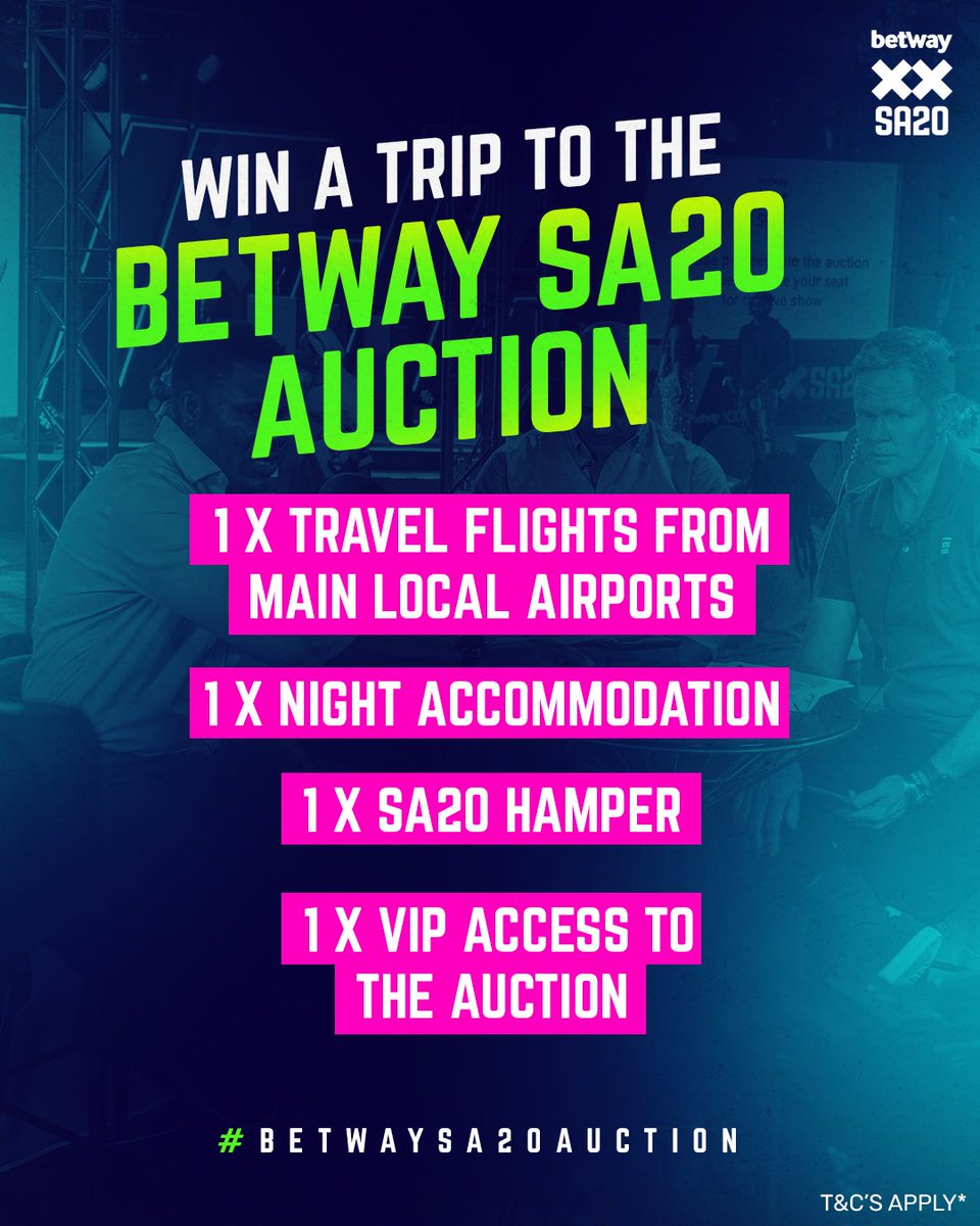 𝐘𝐎𝐔𝐑 𝐂𝐇𝐀𝐍𝐂𝐄 𝐓𝐎 𝐖𝐈𝐍 a trip to the #BetwaySA20 Season 3 Player Auction, and experience VIP treatment there, is up for grabs now!

Enter here ➡️ sa20.mobi/3WTuy92
