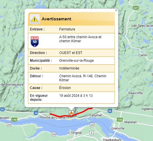Qc511_Mtl's tweet photo. #A50 est et ouest (Guy-Lafleur) à Grenville-sur-la Rouge, fermeture complète dans les 2 directions pour une durée indéterminée entre les chemins Avoca et Kilmar // érosion de la route, suite à un glissement de terrain // détour via #R148 https://t.co/p0HYtVWMh1