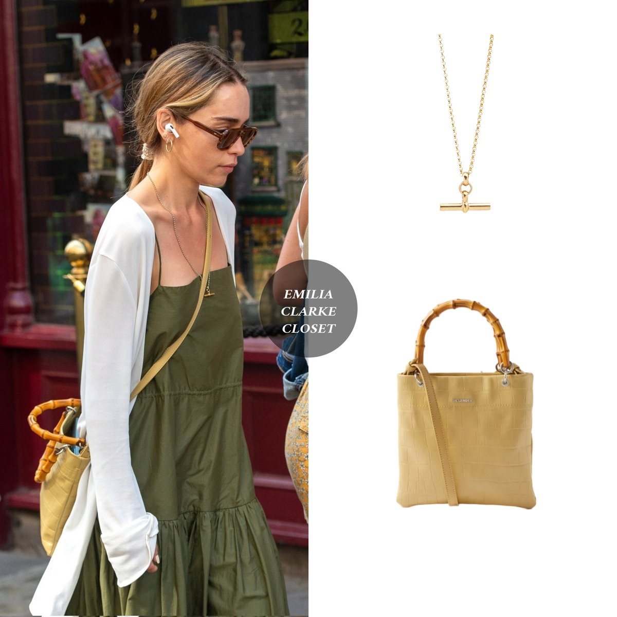 Emilia Clarke out and about in London (August 18, 2024)
She's wearing #Matteau Drop Waist Dress in Khaki ($308), #TheRow Isara Top ($1.350), #TillySveaas Gold T-Bar on Belcher Chain ($260) and #JilSander Bamboo Small Croc-Effect Bag (£864).