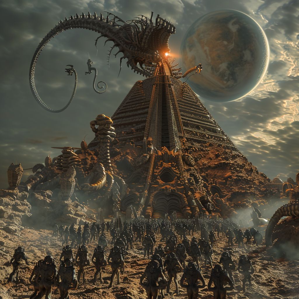 HumanAIArt's tweet photo. "Celestial Pyramid #21", Tens of thousands of non-human beings build a pyramid under human supervision on a beautiful alien planet. #AlienTeamwork #CosmicPyramid #SurrealPlanet #IntergalacticConstruction https://t.co/8EDEHYTzPn