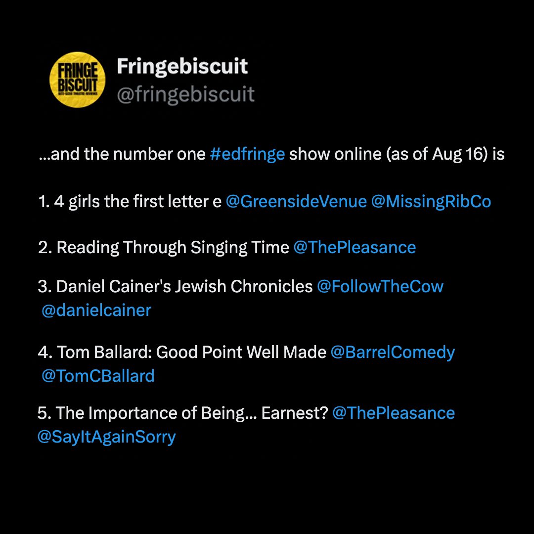 Say It Again, Sorry? (@sayitagainsorry) on Twitter photo We are beyond proud to be listed by @fringebiscuit as one of the TOP 5 SHOWS in <a href="/edfringe/">Edinburgh Festival Fringe</a> generating the biggest buzz! We are honoured to be in such esteemed company as <a href="/MissingRibCo/">Missing Rib Collective</a> <a href="/danielcainer/">Daniel Cainer</a> <a href="/TomCBallard/">Tom Ballard</a> <a href="/GreensideVenue/">Greenside Venues</a> <a href="/FollowTheCow/">Underbelly Edinburgh</a> <a href="/BarrelComedy/">Monkey Barrel Comedy</a> <a href="/ThePleasance/">Pleasance</a>.
#edfringe We are beyond proud to be listed by @fringebiscuit as one of the TOP 5 SHOWS in <a href="/edfringe/">Edinburgh Festival Fringe</a> generating the biggest buzz! We are honoured to be in such esteemed company as <a href="/MissingRibCo/">Missing Rib Collective</a> <a href="/danielcainer/">Daniel Cainer</a> <a href="/TomCBallard/">Tom Ballard</a> <a href="/GreensideVenue/">Greenside Venues</a> <a href="/FollowTheCow/">Underbelly Edinburgh</a> <a href="/BarrelComedy/">Monkey Barrel Comedy</a> <a href="/ThePleasance/">Pleasance</a>.
#edfringe