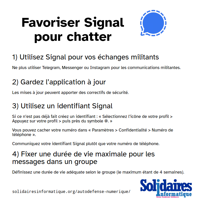 SolInfoNat's tweet photo. Nous avons rédigé un guide d’#AutodéfenseNumérique pour nos militant·es et les militant·es d'autres structures.

Voici sa première version : https://t.co/8em0zOWMfz

Extraits en 2 conseils : 
1) Utilisez @signalapp (avec un identifiant).
2) Sécurisez les ordinateurs partagés. https://t.co/rnU9ozm32L