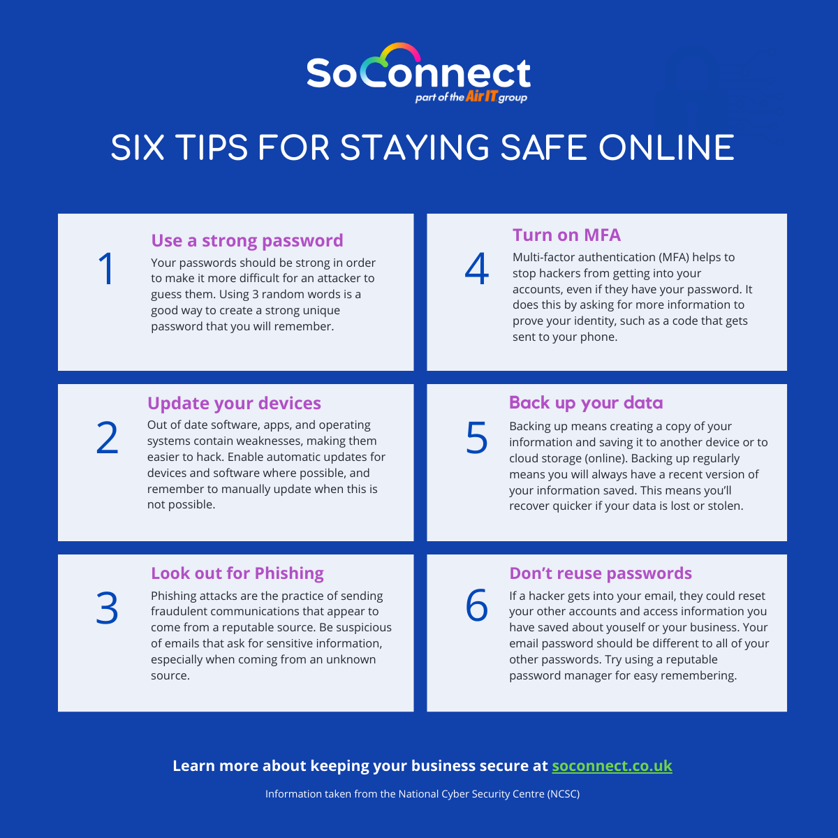 SoConnect_Ltd's tweet photo. It's easy to become complacent when it comes to keeping safe online.

Remind yourself of the basics with these six tips! 

If you'd like to learn more about protecting your business against increasingly sophisticated attacks, click here: https://t.co/lp2IJZfWn8

#cybersecurity https://t.co/L9umT1GtZ8