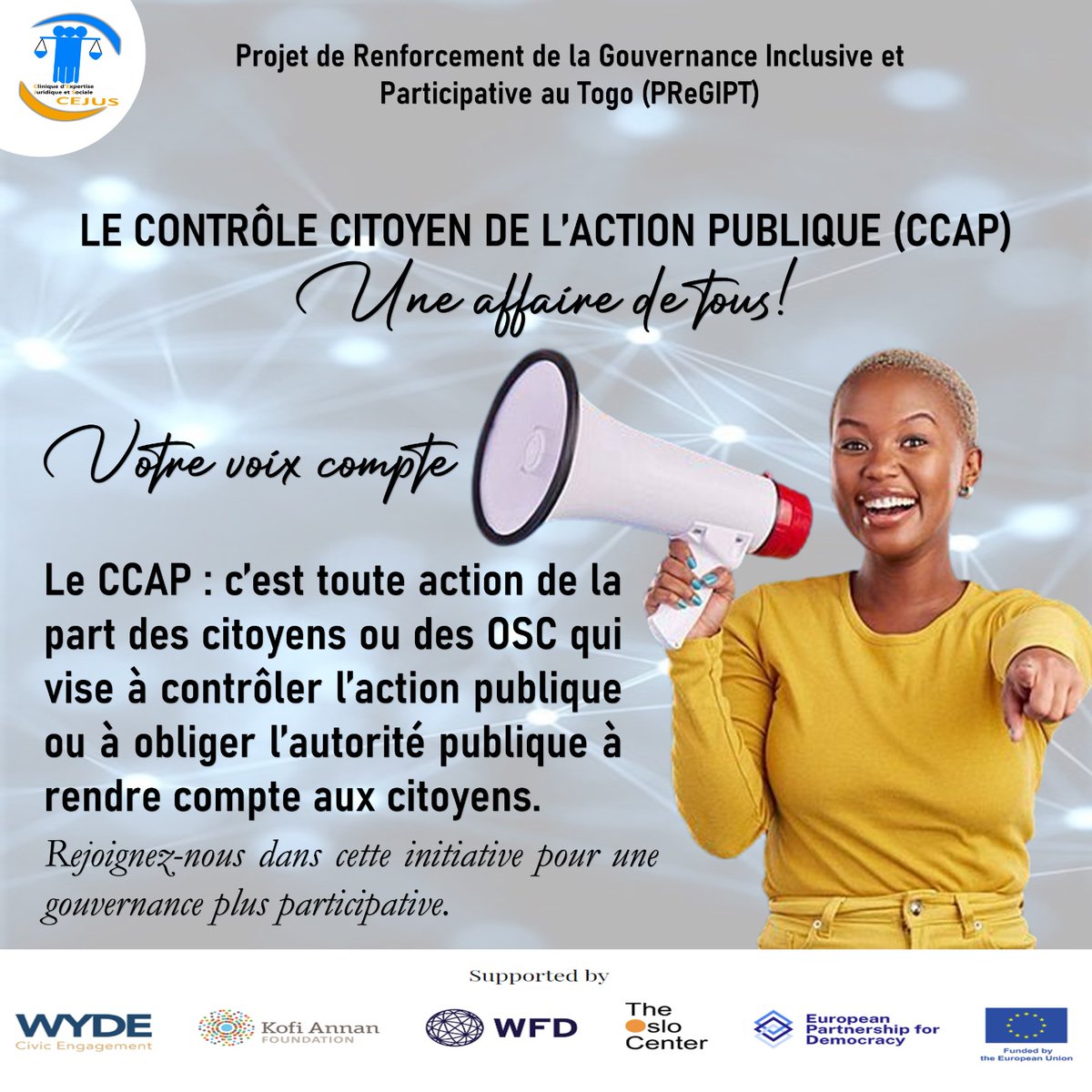 𝐋𝐞 𝐂𝐨𝐧𝐭𝐫𝐨̂𝐥𝐞 𝐂𝐢𝐭𝐨𝐲𝐞𝐧 𝐝𝐞 𝐥'𝐀𝐜𝐭𝐢𝐨𝐧 𝐏𝐮𝐛𝐥𝐢𝐪𝐮𝐞 (𝐂𝐂𝐀𝐏) : 𝐔𝐧𝐞 𝐀𝐟𝐟𝐚𝐢𝐫𝐞 𝐝𝐞 𝐓𝐨𝐮𝐬 !
Votre voix compte ! Le Contrôle Citoyen de l'Action Publique (CCAP) est un pilier essentiel pour garantir une gouvernance transparente et participative.