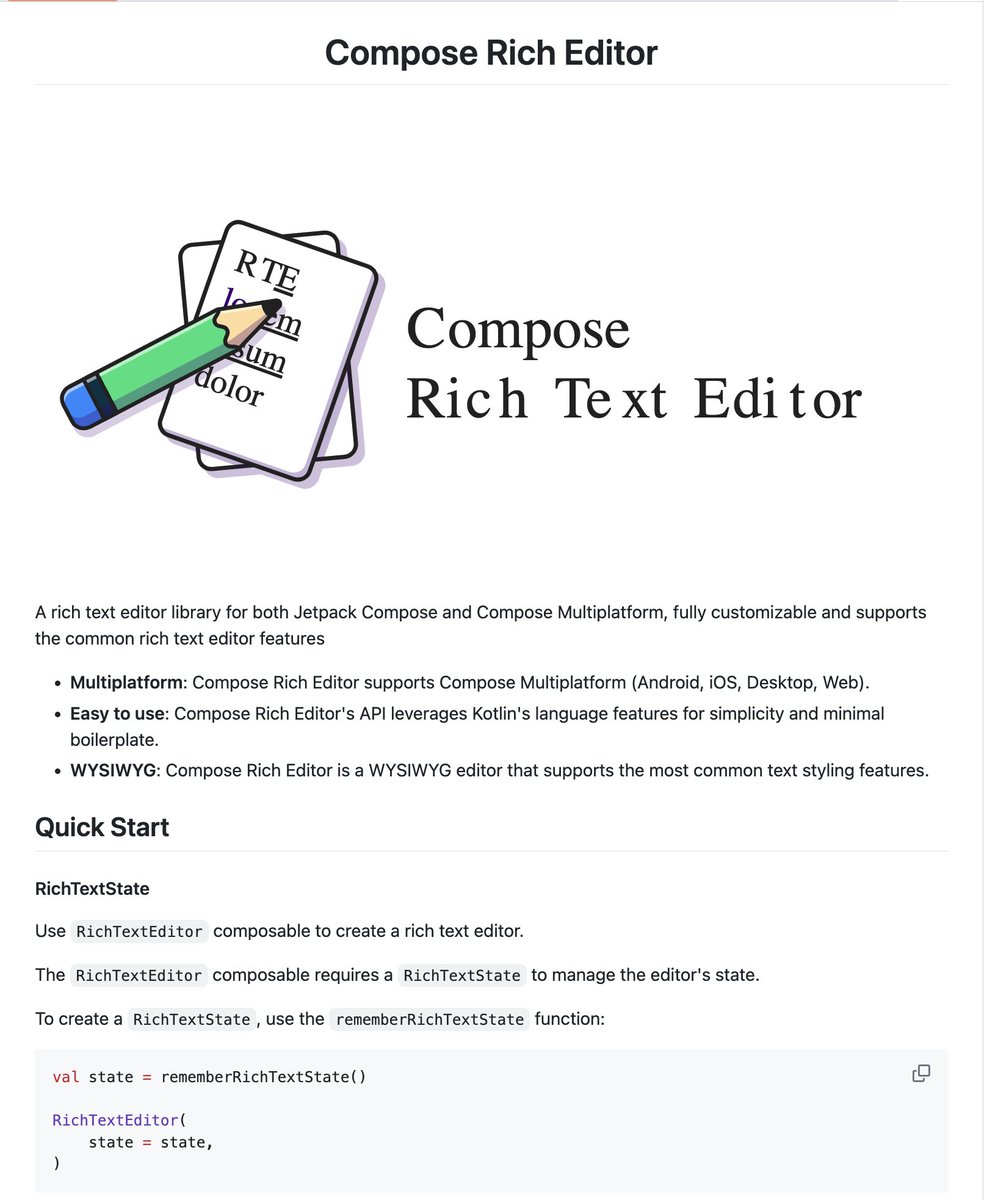 Android Dev Notes (@androiddevnotes) on Twitter photo Compose Rich Editor
(github.com/MohamedRejeb/c…)
Supports Compose Multiplatform Compose Rich Editor
(github.com/MohamedRejeb/c…)
Supports Compose Multiplatform