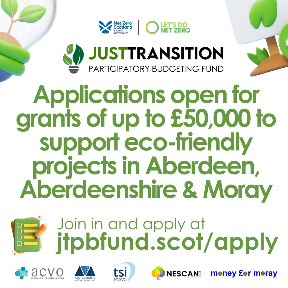 📢 #JTPBFund year 3 is open for applications with £1million available across #Aberdeen, #Aberdeenshire &amp; #Moray!
Get up to £50,000 to support projects such as:
🏘️ Eco-friendly community space upgrades
🌱 Greenspace &amp; gardens
🚲 E-transport solutions
📝 jtpbfund.scot/apply