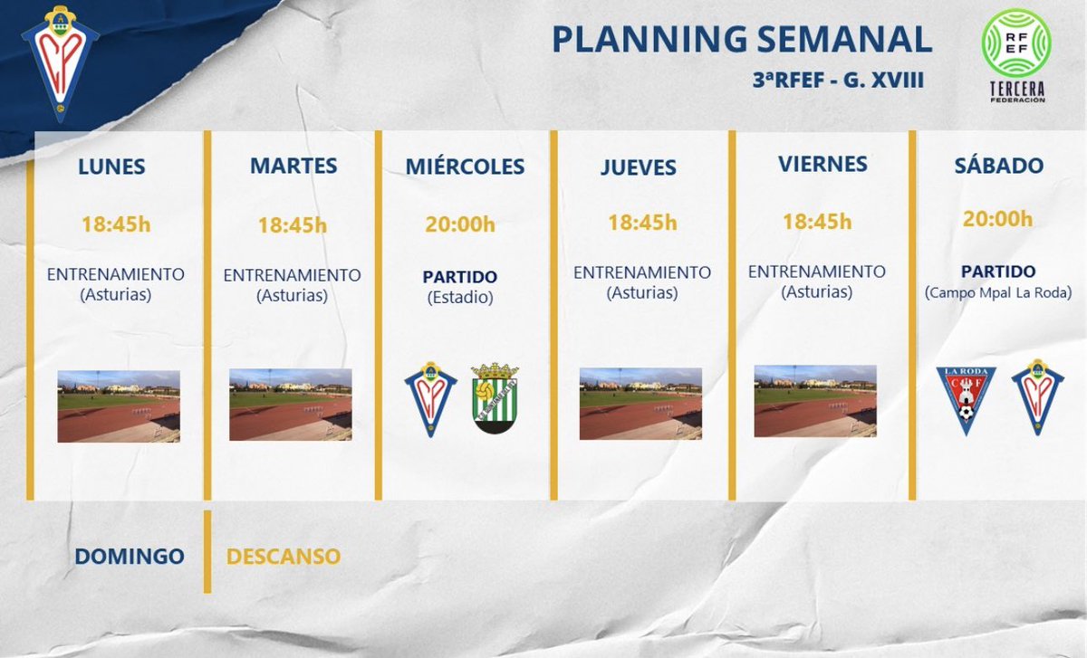 Este es el planing semanal de nuestro equipo, recuerda el partidazo del próximo miércoles contra el <a href="/cdquintanardrey/">CD Quintanar del Rey</a> ♥️💙