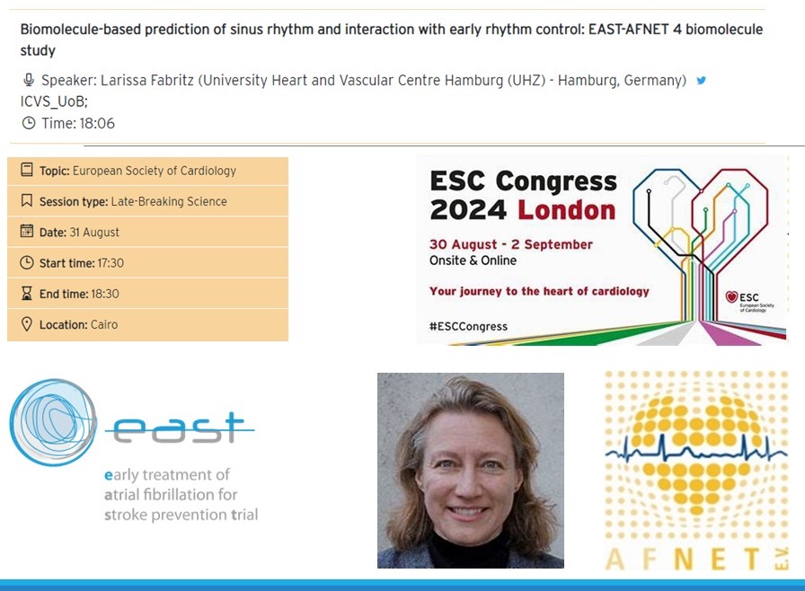 AFNET (@afnet_ev) on Twitter photo ❓Can baseline #biomolecules predict #sinusrhythm in #afib patients?
Find out at the #LateBreakingScience session on 31st August at #ESC2024 in #London!
Room: Cairo, start time: 17:30. #EASTtrial #AFNET #stroke #ESC #EHRA #rhythmcontrol <a href="/UCCS_HH/">University Center of Cardiovascular Science (UCCS)</a> <a href="/H2020Maestria/">MAESTRIA EU H2020 project</a> @ICVS_UoB ❓Can baseline #biomolecules predict #sinusrhythm in #afib patients?
Find out at the #LateBreakingScience session on 31st August at #ESC2024 in #London!
Room: Cairo, start time: 17:30. #EASTtrial #AFNET #stroke #ESC #EHRA #rhythmcontrol <a href="/UCCS_HH/">University Center of Cardiovascular Science (UCCS)</a> <a href="/H2020Maestria/">MAESTRIA EU H2020 project</a> @ICVS_UoB