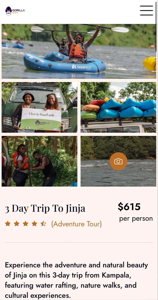 3 Days in Source of R. Nile (longest river in Africa) City 🥳

✅Source of the Nile
✅Nile Water Rafting 
✅Itanda Falls
✅Ssesibwa Falls
✅Mabira Forest 🌳 Walk
✅Nile Bridge 🌉 
And more 🥳

Details here!
gorilla-sats.com/jinja.html